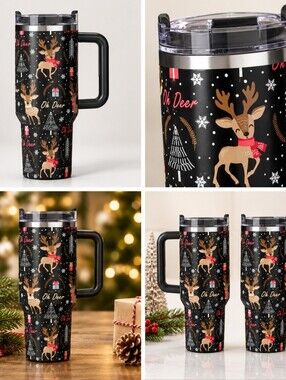 Holiday Reindeer Travel Mug - Black and Gold